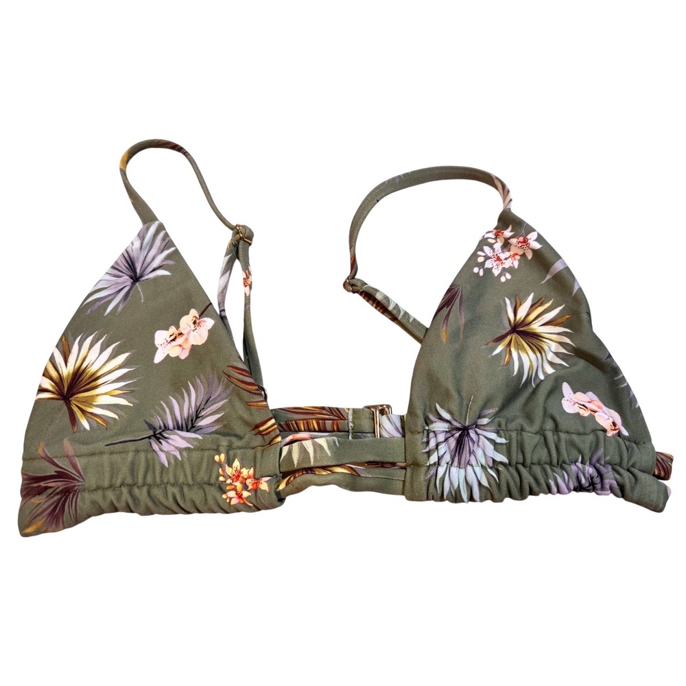 Montce Swim Olive Green Tropical Floral Ruched Triangle Bikini Top Large